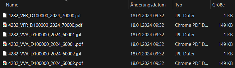 Dateiliste mit JPL- und PDF-Dateien im Windows-Explorer, sortiert nach Name, Änderungsdatum, Typ und Größe
